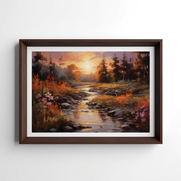 Autumn Meadow Serenity Oil Painting, Wildflowers, Rocky Stream, Setting Sun, Warm Hues, Soft Lighting - Printable Digital Download