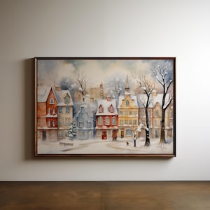 Christmas Town Wall Art Digital Download Winter Village Painting Vintage Holiday Decor European Snow Scene Printable Christmas Artwork