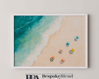 Beach Umbrella Wall Art Printable – Aerial Coastal Painting Download for Summer Home Decor, Modern Seaside Interiors, or Vacation House