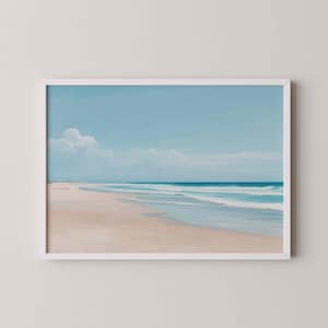 Ruhiger Strand-Druck Weiche blaue Ozean-Szenen-minimalistische Meerlandschafts-Kunst-Grafik-digitales Küstendekor-entspannendes Küstenlinien-Plakat für ruhige Innenkunst