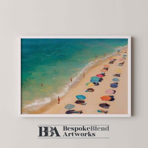 May include: A painting of a beach scene with colorful umbrellas and people relaxing on the sand. The water is a bright turquoise blue and the sky is a clear blue.