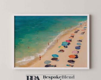 Coastal Beach Umbrella Art Vibrant Summer Scene Digital Wall Print Relaxing Ocean View Poster Tropical Seaside Decor for Bright Home Spaces