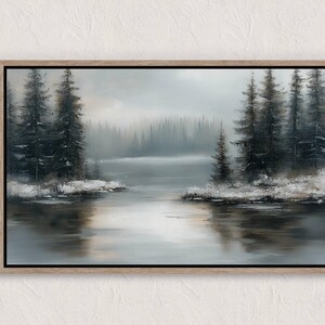 Impresión vintage de bosque de pinos de invierno, pintura rústica de paisaje nevado, decoración antigua de hoja perenne, descarga digital, arte de pared imprimible de estilo rústico