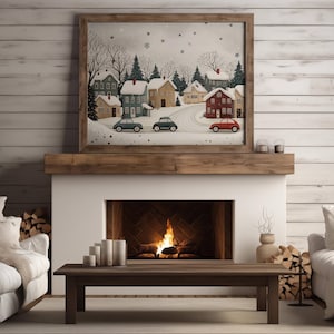 Vintage Winter Village Painting, Winter Scenes, Printable Winter Landscape, Winter Wall Art Print, Country Winter Print, Cottagecore Prints