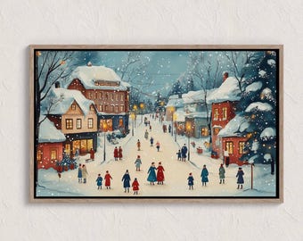 peinture vintage village d'hiver, scènes d'hiver, paysage d'hiver à imprimer, impression d'art mural hiver, impression campagne hiver, impressions Cottagecore