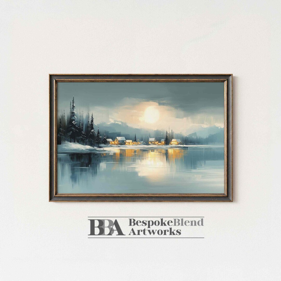 Winter Cabin Landscape Printable – Snowy Lakeside Wall Art With Cozy ...