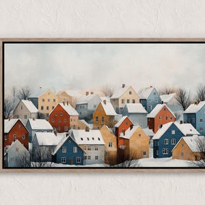 Vintage Winter Village Painting, Winter Scenes, Printable Winter Landscape, Winter Wall Art Print, Country Winter Print, Cottagecore Prints