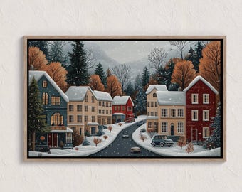 peinture vintage village d'hiver, scènes d'hiver, paysage d'hiver à imprimer, impression d'art mural hiver, impression campagne hiver, impressions Cottagecore