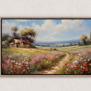Printable Wildflower Field Landscape Oil Painting, Vintage Landscape Art Print, Country Field Wall Art Digital Download, Bedroom Landscape