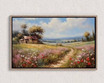 野の花畑の風景油絵、ヴィンテージ風景画 - Etsy 日本