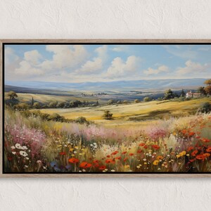 Printable Wildflower Field Landscape Oil Painting, Vintage Landscape Art Print, Country Field Wall Art Digital Download, Bedroom Landscape