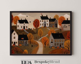 Puede incluir: Pintura enmarcada de un paisaje otoñal de un pueblo con casas, árboles y un camino sinuoso. La obra de arte utiliza una paleta cálida de naranja, marrón y beige, con calabazas y pájaros. El marco es negro.