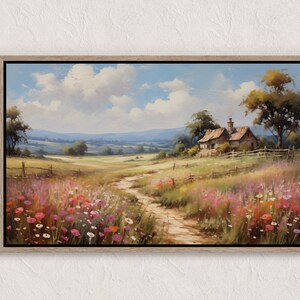 Printable Wildflower Field Landscape Oil Painting, Vintage Landscape Art Print, Country Field Wall Art Digital Download, Bedroom Landscape