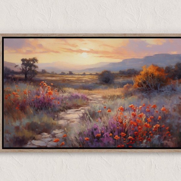 California Wildflowers Sunset Oil Painting of Cobblestone Path, Lavender & Orange Poppies- Printable Digital Download