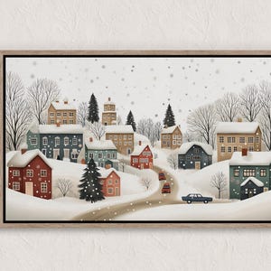 Vintage Winter Village Painting, Winter Scenes, Printable Winter Landscape, Winter Wall Art Print, Country Winter Print, Cottagecore Prints