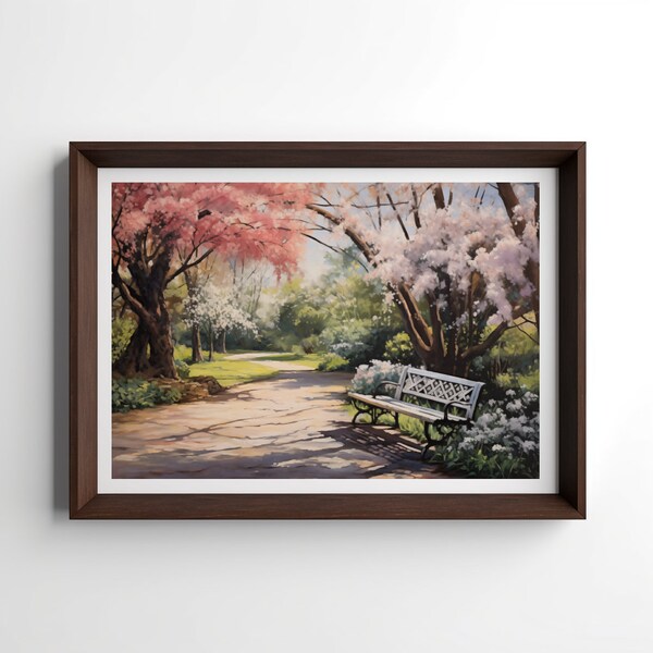 Spring Cherry Blossom Park Oil Painting: Serene Scene, Impressionist Style, Dappled Light, Tranquil Mood, Vintage - Digital Download