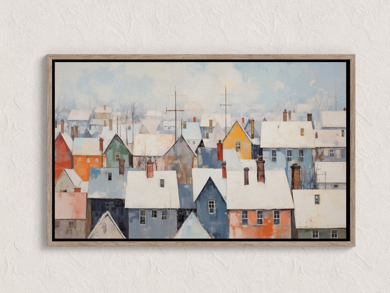 Tableau Toile Hiver Village Enneigé - Peinture Vintage - Impression Sur Toile - Fait Main UK