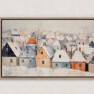 Vintage Winter Village Painting, Winter Scenes, Printable Winter Landscape, Winter Wall Art Print, Country Winter Print, Cottagecore Prints