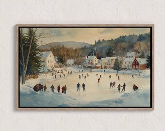 peinture vintage village d'hiver, scènes d'hiver, paysage d'hiver à imprimer, impression d'art mural hiver, impression campagne hiver, impressions Cottagecore
