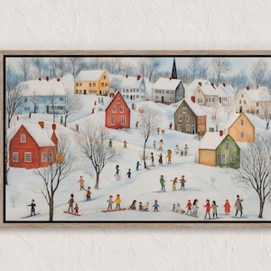 Vintage Winter Village Painting, Winter Scenes, Printable Winter Landscape, Winter Wall Art Print, Country Winter Print, Cottagecore Prints