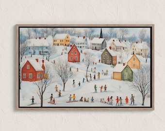 peinture vintage village d'hiver, scènes d'hiver, paysage d'hiver à imprimer, impression d'art mural hiver, impression campagne hiver, impressions Cottagecore