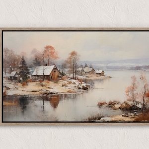 Vintage Winter Village Painting, Winter Scenes, Printable Winter Landscape, Winter Wall Art Print, Country Winter Print, Cottagecore Prints