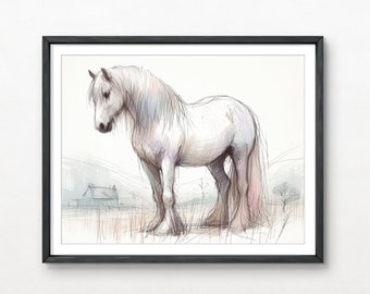 White Horse Art Print wall decor - equestrian equine - farmhouse style - canvas/framed - winter landscape- farmscape