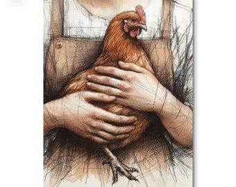 Woman holding Chicken Art Print - farm girl animal wall decor - cottage core decoration - rural country farmhouse style - canvas/framed