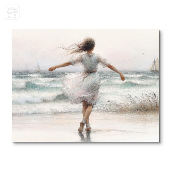 Woman dancing by the Sea Art Print - romantic shabby chic decor - coastal landscape - cottage core - seaside ocean - canvas/framed