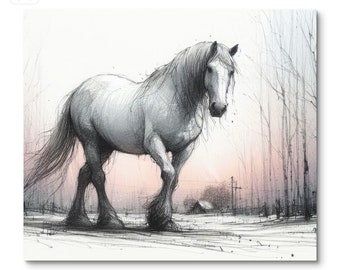 White Horse Art Print wall decor - equestrian equine - farmhouse style - canvas/framed - winter landscape- farmscape