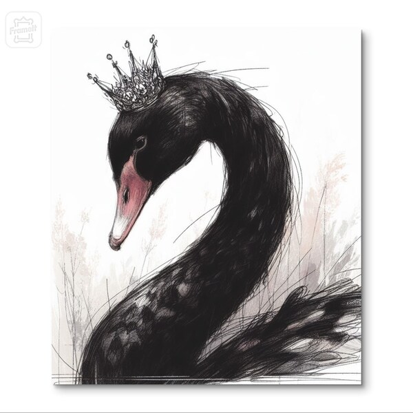 Swan with Tiara Art Print - romantic wall decor - bird with crown - princess prince matching set - black swan - him her - canvas/framed