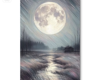 Midnight Moon Art Print wall decor - rural country cottage farmhouse - sky prairie on canvas - framed - landscape farmscape