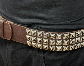 Brown Genuine Leather Heavy Duty Punk Influenced 3 Row Studded Belt Thick Leather Premium Quality