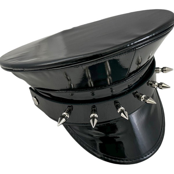 Black Patent Leather Military Police Captain Spike Punk Goth Rave Hat