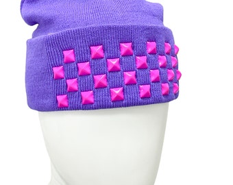 Purple Beanie Pink Studded Steel Pink Pyramid Premium Handmade Goth EMO Thrash Rock and Roll Gothic Metal Spike Punk Skull Cap Dark