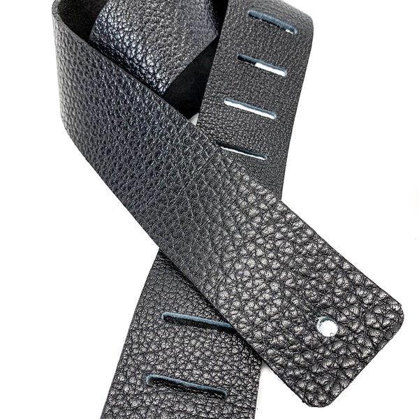 Black Pebbled Heavy Duty Thick But Soft Leather Guitar Strap Up to 59" Long