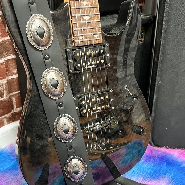 Conch Medallion Genuine  Cowhide Leather Guitar Strap Thrash Metal Punk Rock Goth