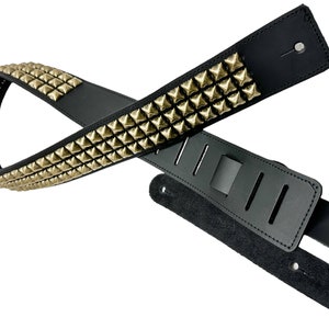 Antique Brass Pyramid Studded Black Cowhide Leather Guitar Strap image 7