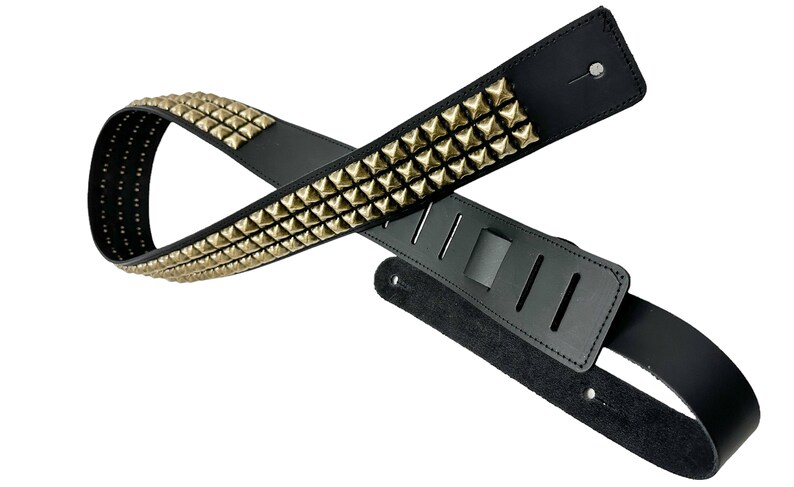 Antique Brass Pyramid Studded Black Cowhide Leather Guitar Strap image 7