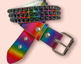 Vegan Rainbow Heavy Duty Punk Influenced 3 Row Black Pyramid  Belt Thick Premium Quality Made In USA