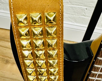 Shiny Gold Pyramid Studded Crazy Horse Tobacco Cowhide Leather  Guitar Strap