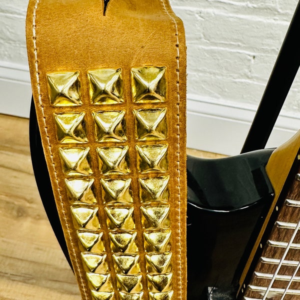 Shiny Gold Pyramid Studded Crazy Horse Tobacco Cowhide Leather  Guitar Strap