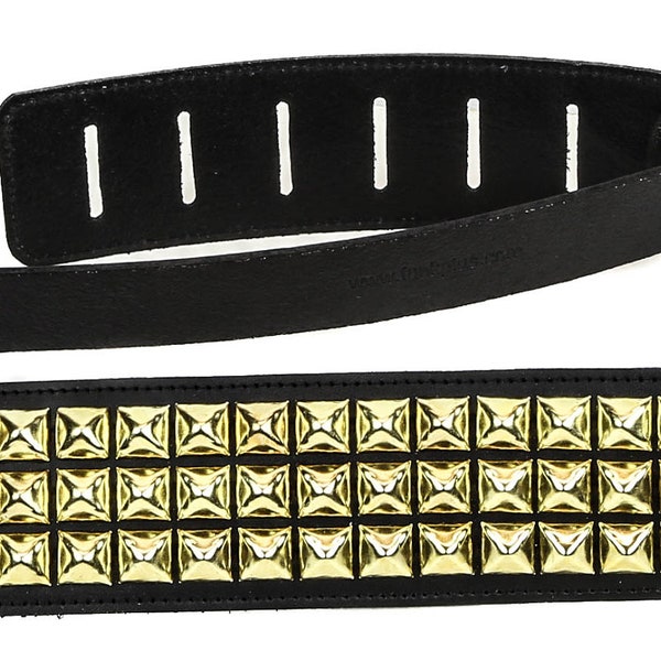 Gold Studded Crazy Horse Tobacco Cowhide Leather Thrash Punk Rock Guitar Strap