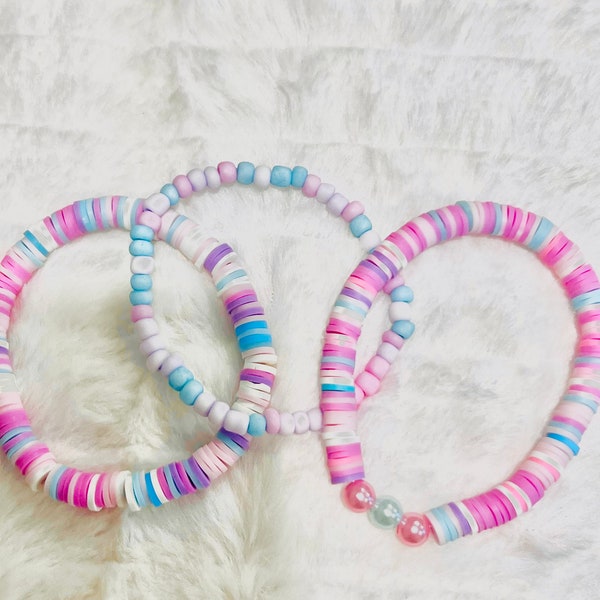 Clay Bead Bracelet with seed bead bracelet - Sweet Candy Swirl Matching set of 3