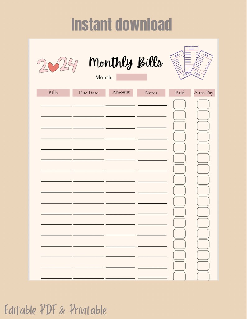 Editable Monthly Bill Tracker, Printable Monthly Bill Tracker, Bill Log ...