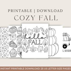 May include: A collection of black and white printable fall-themed designs. The designs include fall leaves, pumpkins, and the words "Hello Fall". The text "COZY FALL" and "PRINTABLE | DOWNLOAD" are also visible.