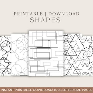 May include: Printable geometric shapes patterns.  The set includes five different patterns: hexagons, circles, squares, triangles, and stars.  The patterns are black and white and are designed to be printed on US letter size paper.  The text "Printable | Download Shapes" is at the top of the image.  The text "Instant Printable Download: 15 US Letter Size Pages" is at the bottom of the image.