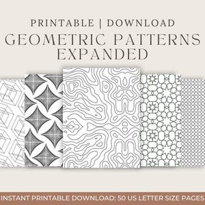 K&ouml;nnte beinhalten: Eine Sammlung druckbarer geometrischer Muster in Schwarz und Wei&szlig;. Die Designs umfassen geometrische Formen, Diamantmuster und topografische Kartenlinien. Der Text lautet "PRINTABLE | DOWNLOAD GEOMETRIC PATTERNS EXPANDED".
