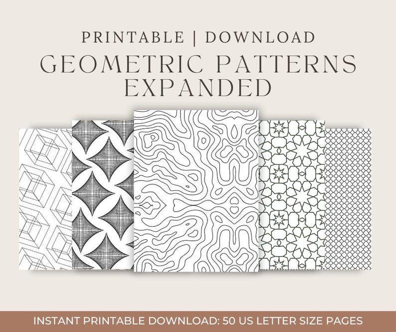 K&ouml;nnte beinhalten: Eine Sammlung druckbarer geometrischer Muster in Schwarz und Wei&szlig;. Die Designs umfassen geometrische Formen, Diamantmuster und topografische Kartenlinien. Der Text lautet "PRINTABLE | DOWNLOAD GEOMETRIC PATTERNS EXPANDED".