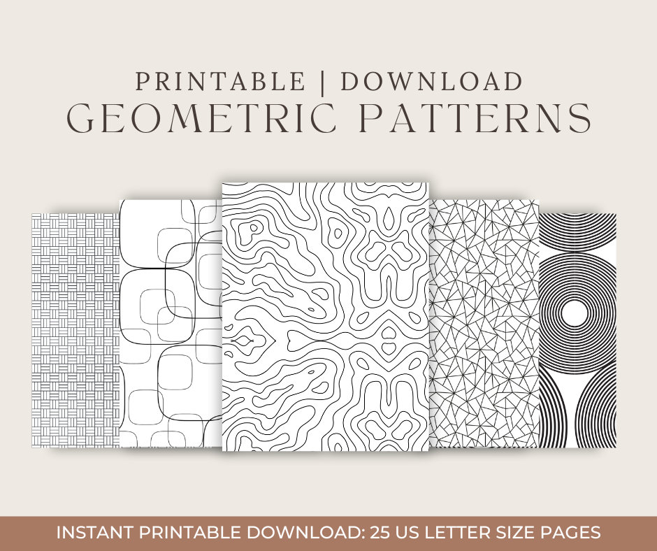 Geometric Patterns Printable Coloring Pages Bundle | 25 Digital Adult Coloring Sheets for Relaxation & Classroom Use